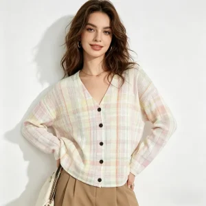 Women’s Button Front Knit Cardigan V-Neck Long Sleeve Gradient Pastel Check Print Minimal Gentle Style Year-Round Layering Wear