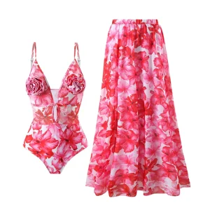Women’s Buttoned One-Piece Sarong Swimwear Summer Beachwear Bathing Suit Bikini Set with Vacation Style