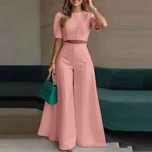 Women’s Buttoned Puff Sleeve Crop Top Wide Leg Pants Set Daily Commute Outfits Women’s Suit Two Piece Set