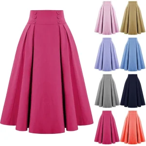 Women’s Buttoned Waist Pleated Solid Color Swing Skirt