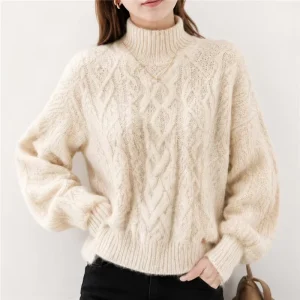 Women’s Cable Knit Mock Neck Sweater Long Sleeve Chunky Pullover Knitwear