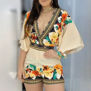 Women’s Cami Jumpsuit Casual Summer Floral Printed Playsuit Women Rompers 3/4 Sleeve Backless Playsuit Women Clothes