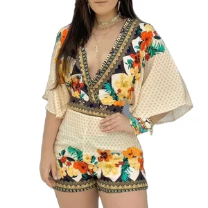 Women’s Cami Jumpsuit Casual Summer Floral Printed Playsuit Women Rompers 3/4 Sleeve Backless Playsuit Women Clothes