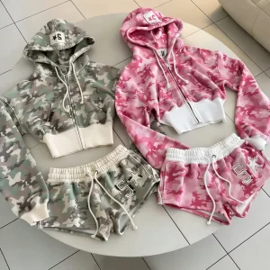 Women’s Camo 100% Cotton French Terry Cropped Zip-Up Hoodie & Shorts Set Casual Patch Embroidery Streetwear