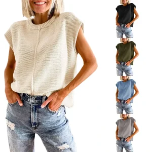 Women’s Cap Sleeve Round Neck Loose Knitted Lightweight Sweater Pullover