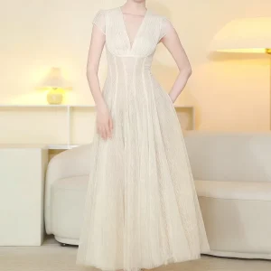 Women’s Cap Sleeve Tulle Lace Maxi Dress with V-neck Keyhole Back Elegant Bridal Gown for Wedding Event