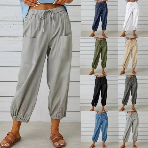 Women’s Capri Pants High Waist Drawstring Cinch Bottom with Button Cotton Loose Casual Trouser with Pockets