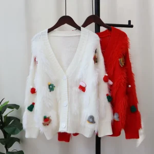 Women’s Cardigan Sweater V Neck Imitation Mink Velvet Needle