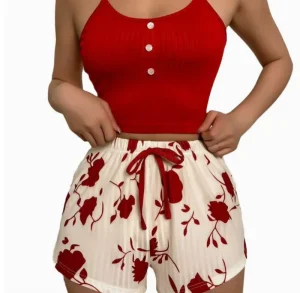 Women’s Cartoon Print Elastic Waist Thermal Casual Elegant Sleepwear Set Ribbed Strap Top & Shorts