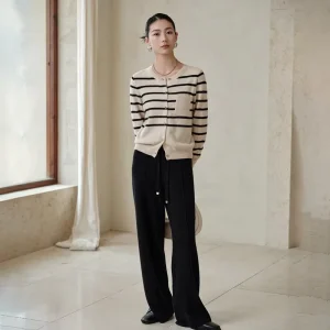 Women’s Cashmere Cardigan Sweaters Round neck Striped Sweater Women Knitted Cashmere Striped Cardigan