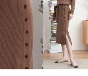 Women’s Cashmere Knitted Half Skirt Elegant Simple Commute Button Slit Skirt