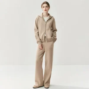 Women’s Cashmere Wool Sweater Set Two Piece Knitted Zip Up Cardigan and Wide Leg Lounge Pants Set