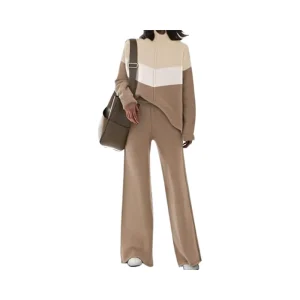 Women’s Casual 2-Piece Outfit Set Long Sleeve Knit Pullover Sweater Top Wide Leg Print Pants O-Neck Daily Style XL Winter