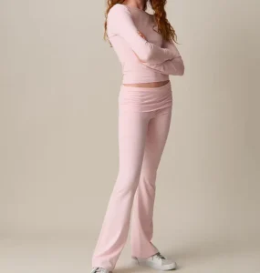 Women’s Casual 2 Piece Set Solid Color Short Top Long Flared Pants Double Layer Custom Logo Printed Crew Neck Short Loungewear Set