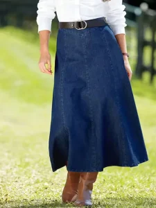 Women’s Casual A-Line Denim Skirts Quick Dry Lightweight Winter Midi Length Washed Style with Logo Waist Solid Pattern