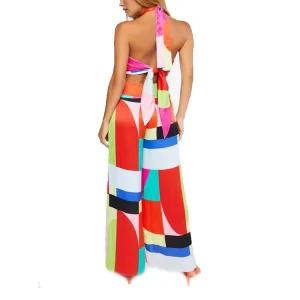 Women’s Casual Abstract Cutout Halter Jumpsuit Sexy Sleeveless Tie Back Wide Leg Long Romper