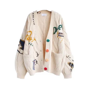 Women’s Casual Autumn Cardigan Sweater with Jacquard Design Winter Knit Top with Front Logo for Girls Ladies Knitwear