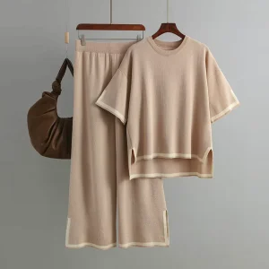 Women’s Casual Autumn Sweater Set Short Sleeve T Shirt with High Waist Slim Wide Leg Pants Loose Fit