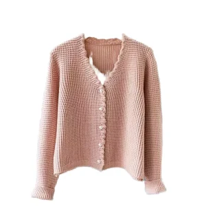 Women’s Casual Autumn Winter V-Neck Cardigan Fashion Knitted Coat Pearl Button Single Breasted Closure Short Thin Stripe Front