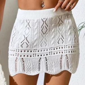 Women’s Casual Bandage Knitted Short Skirt Swimwear Cover-Up Crochet Hollow Out Shell Lace Beach Skirt