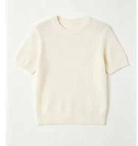 Women’s Casual Beige Knitted Pullover Sweater with Crew Neck and Short Sleeves for Autumn