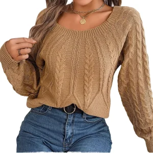 Women’s Casual Blended Crew Neck Knit Sweater Loose Solid Pullover with Floral Decoration for Autumn Long Sleeve