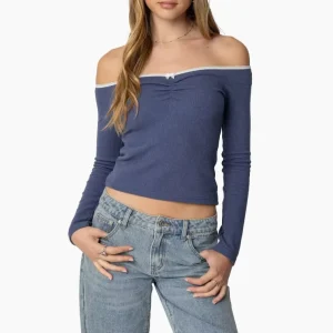 Women’s Casual Blue Knitting Top with Lace Trim Bow Detail Off-Shoulder Design Long Sleeves Bodysuit for Summer Spring Autumn tshirt women custom
