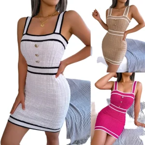 Women’s Casual Bodycon Mini Dress Spring Summer Square Neck Button Natural Waist Knitted Solid