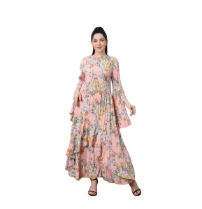 Women’s Casual Bohemian Floral Robe De Soir Luxury Pink Modest Church Vestido Plus Size Long Sleeves Free Size Dress