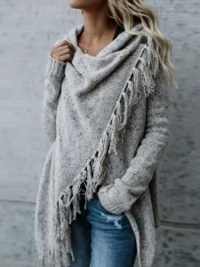 Women’s Casual Breathable Knitted Long-sleeved Sweater with Ruffles and Ribbing in Solid Color for Spring and Autumn