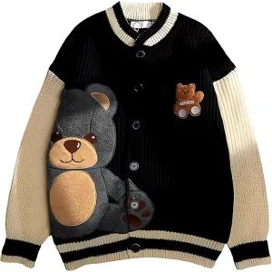 Women’s Casual Cardigan Sweater Cute Bear Graphic Embroidery Button Knitted Varsity Jacket Top for Winter Season Long Clothing