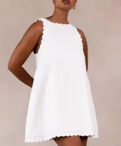 Women’s Casual Cotton Linen Solid Color Dress Embroidered Ruffle Skirt