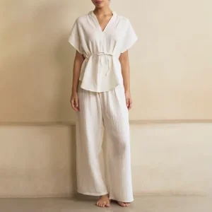 Women’s Casual Cotton Muslin for Lounge Wear Set 2 Piece Short Sleeve Blouse Wide Leg Pants Embroidered Knitting Technique custom logo loungewear sets