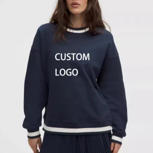 Women’s Casual Crew Neck Terry Fleece Cotton Cuff Striped Oversized Pullover Sweatshirt Embroidered Breathable for Autumn Winter