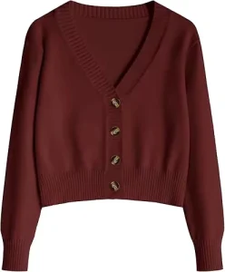 Women’s Casual Cropped Cardigan with V Neck Long Sleeves Ribbed Knit Trim Button Down Design Flat Knitted Patchwork Sweater
