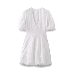 Women’s Casual Dress Elegant White V Neck Embroidery Waist Cinching Puffy Sleeves Mini Dress