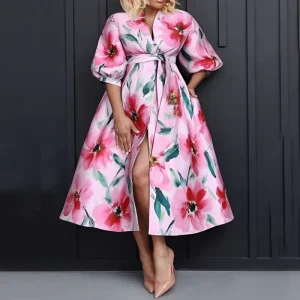 Women’s Casual Eco Friendly Digital Printing Midi Dresses with V Neck Puff Sleeves A Line Floral Print