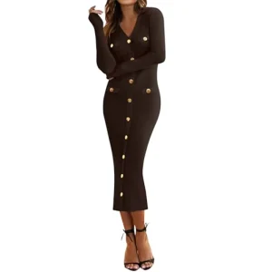 Women’s Casual Elegant A-Line V-Neck Breathable Sweater Dress Long Sleeve Button Knit Midi Length Fall Simple Fashion
