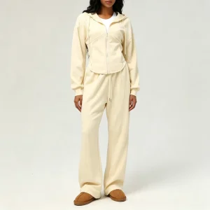 Women’s Casual Fall/Winter 2-Piece Sweatsuit Fitted Hoodie Jacket & Wide-Leg Sweatpants Loungewear & Workout Tracksuit