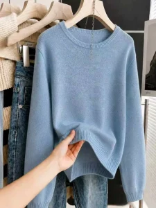 Women’s Casual Fashion Beige Pullover Sweater Crew Neck Knitted Styles for Autumn Season