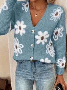 Women’s Casual Fashion Floral Pattern Knitted Cardigan Sweater