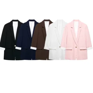 Women’s Casual Fashion Temperament Lapel Shoulder Pad Suit Jacket Retro Cropped Sleeve Suit