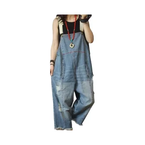 Women’s Casual Fitness Summer Denim Jumpsuits Cropped Rompers with Distressed Ripped Fringed Pockets Loose Overalls