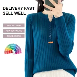 Women’s Casual Fitted Long Sleeved V Neck Knitted Pullover Shirt Autumn Pure Color Buttoned Decoration Solid Top