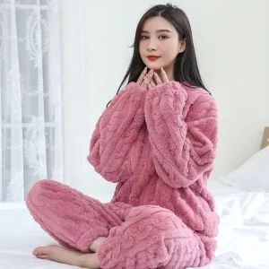 Women’s Casual Flannel Fleece Brushy Pajamas Set Long Sleeve O Neck Solid Color Thickened Winter Home Wear Two Piece Set Suits