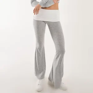 Women’s Casual Flared Leggings High Waist Fold Feature Two Tone Breathable Elastic Closure Wide Leg for Autumn Embroidered ODM