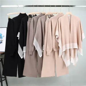 Women’s Casual Half High Neck Shawl and Wide Leg Pants Set Simple Knitwear for Spring and Autumn Loose Fit