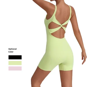 Women’s Casual Halter Neck Skinny Workout Romper Twisted Open Back High Stretch Breathable Bodycon Short Jumpsuit for Yoga Gym