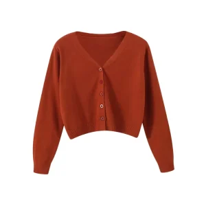Women’s Casual High Waist Long Sleeve Knitted Cardigan Autumn V Neck Outer Wear with Front Logo Button Short Length Design