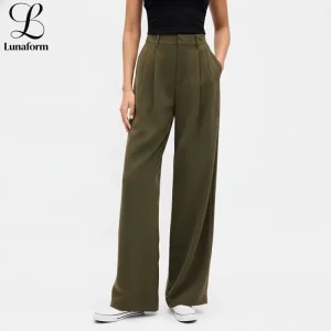 Women’s Casual High Waist Pleated Breathable Straight Leg Autumn Comfortable Cotton Pants for Ladies